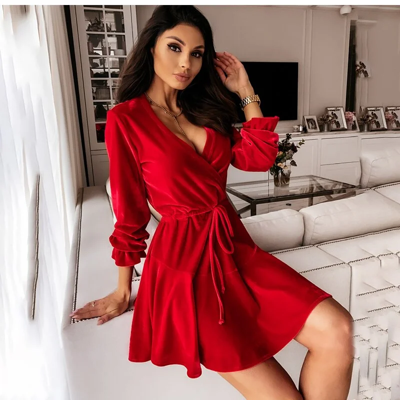FashionSierra - Casual Long Sleeve V-neck Lace Up Party Dress Tunics Seasonal trendy