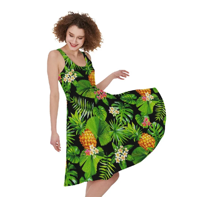 Black Hawaiian Pineapple Pattern Print Sleeveless Knee Length Dress Tunics Distressed trendy