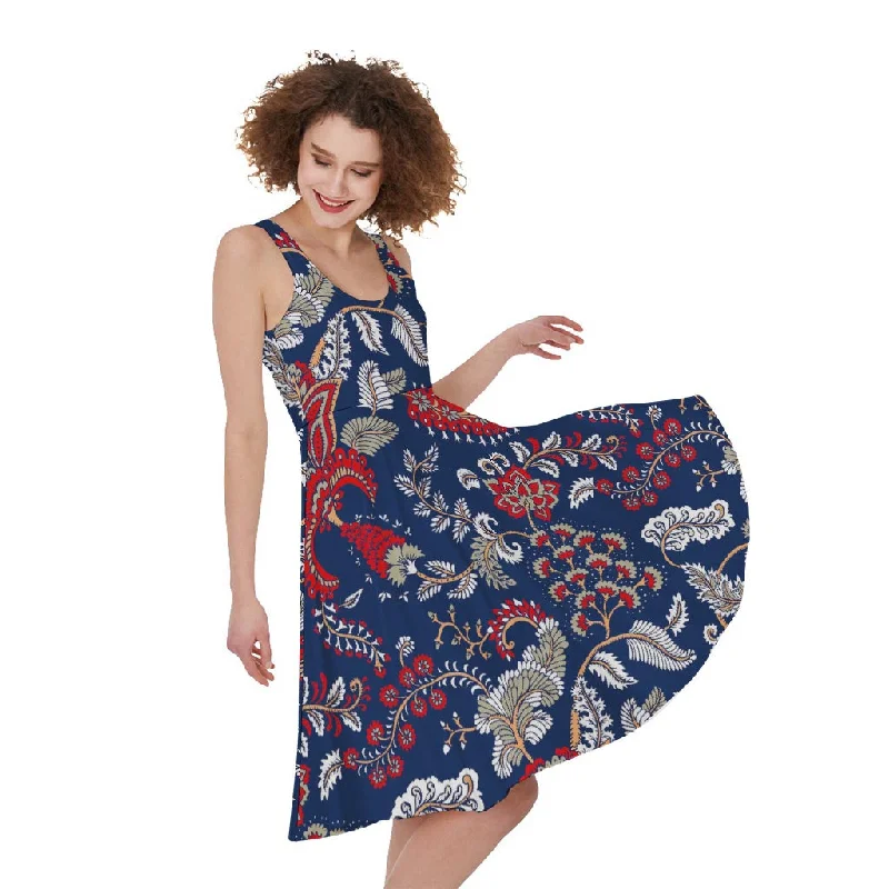 Blue Vintage Bohemian Floral Print Sleeveless Knee Length Dress Tunics Sophisticated sleek Blue Vintage Bohemian Floral Print Sleeveless Knee Length Dress Tunics Sophisticated sleek