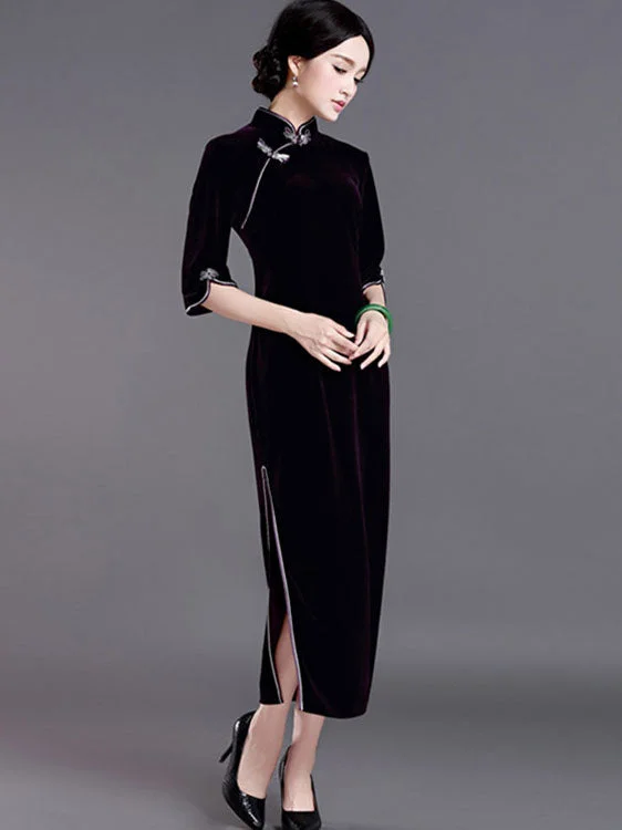 Mother's Velvet Half Sleeve Long Qipao / Cheongsam Party Dress Tunics Fall fleece