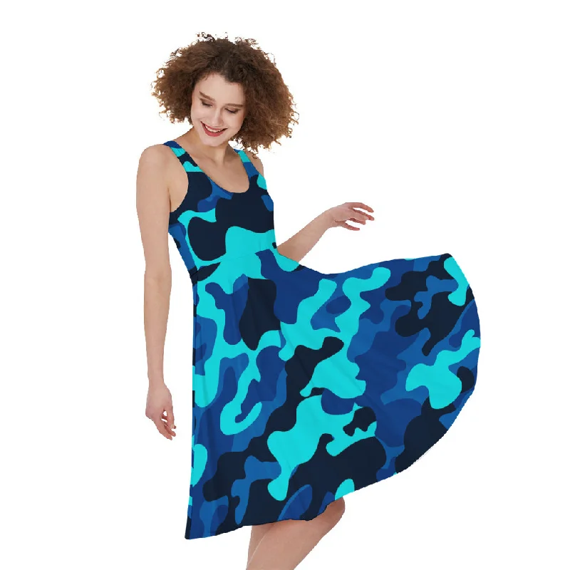 Blue And Black Camouflage Print Sleeveless Knee Length Dress Tunics Top rated