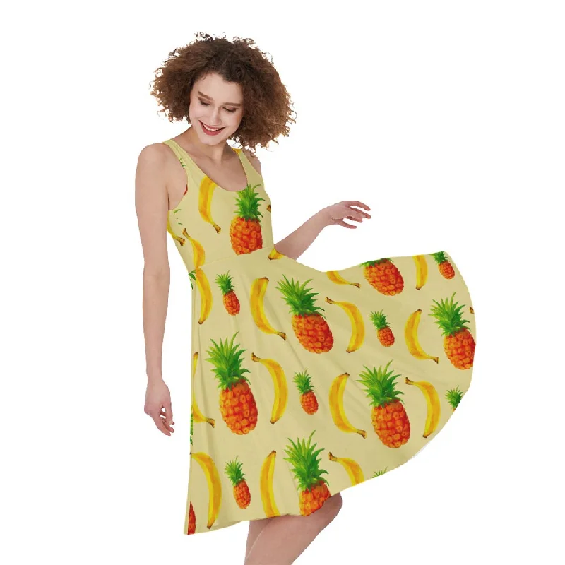 Banana Pineapple Pattern Print Sleeveless Knee Length Dress Crew Neckline Casual