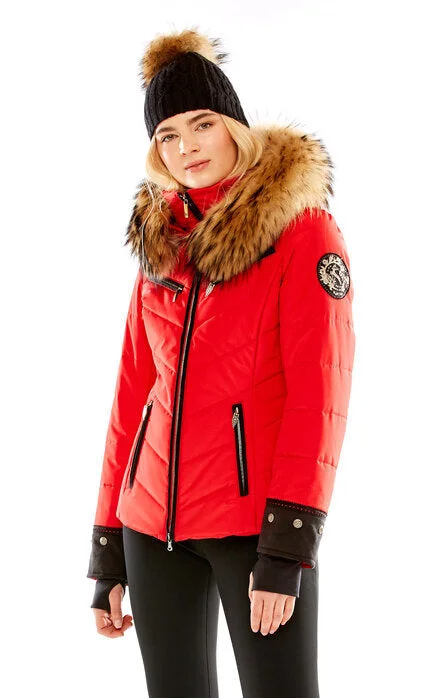 M. Miller SK2624 Christina Red Quilted Jacket With Natural Finn Raccoon FW25up Hooded Jacket Caped Jacket Shawl Collar Jacket