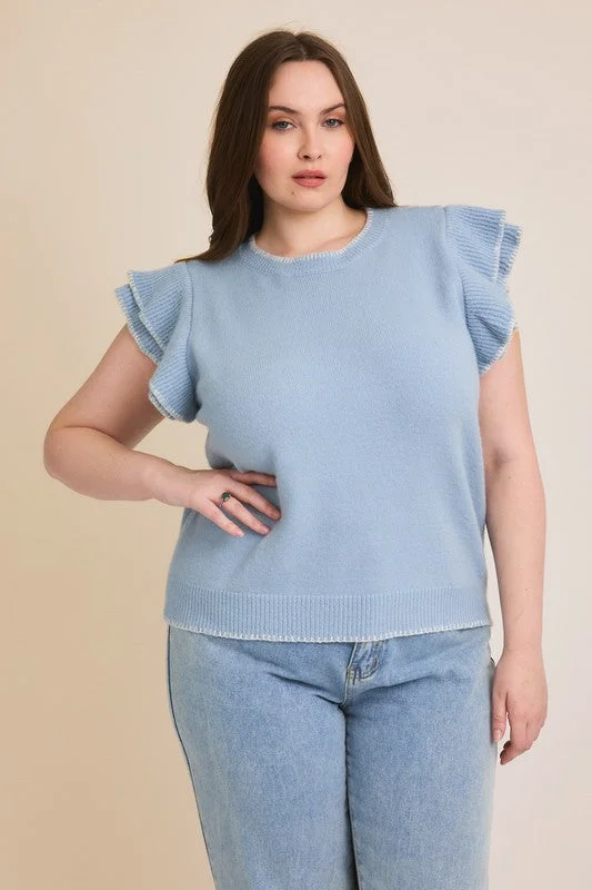 Ruffle Sleeve Sweater Top (Plus) Print Jacquard Patchwork