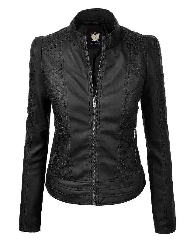 Made By Johnny MBJ Womens Faux Leather Zip Up Moto Biker Jacket with Stitching Detail Denim Jacket Leather Jacket Suede Jacket