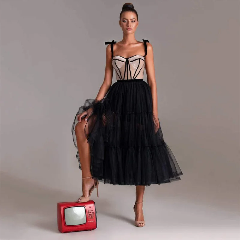 Cinessd Black Puffy Tulle Prom Dresses Spaghetti Straps Midi Prom Gowns Open Back Tea-Length A-Line Formal Party Dress Cowl Neckline Elegant Cinessd Black Puffy Tulle Prom Dresses Spaghetti Straps Midi Prom Gowns Open Back Tea-Length A-Line Formal Party Dress Cowl Neckline Elegant