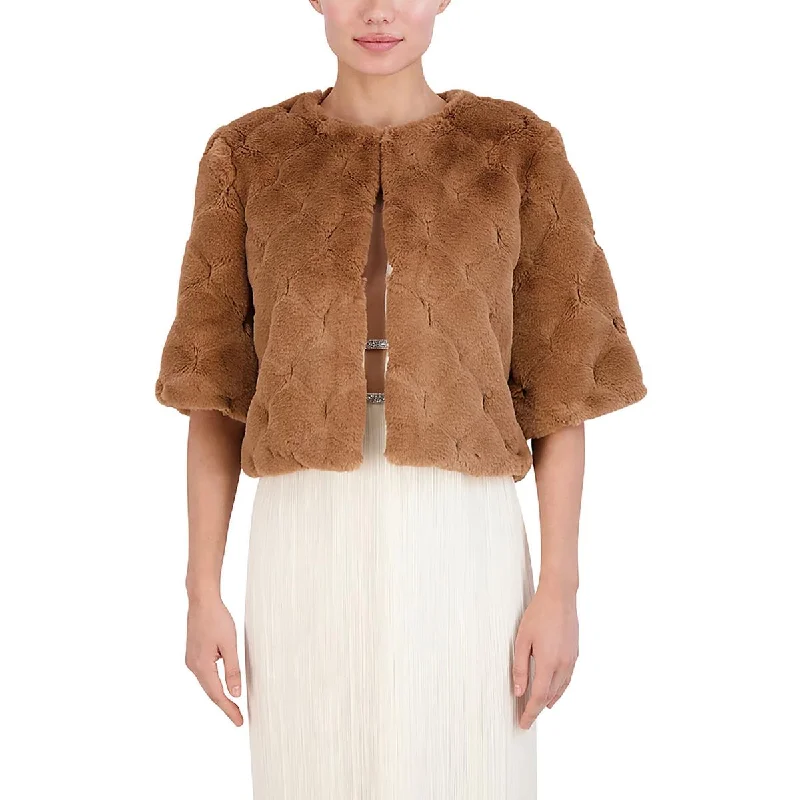 BCBGMAXAZRIA Womens Elbow Sleeves Jacket Faux Fur Coat Print Jacket Jacquard Jacket Patchwork Jacket