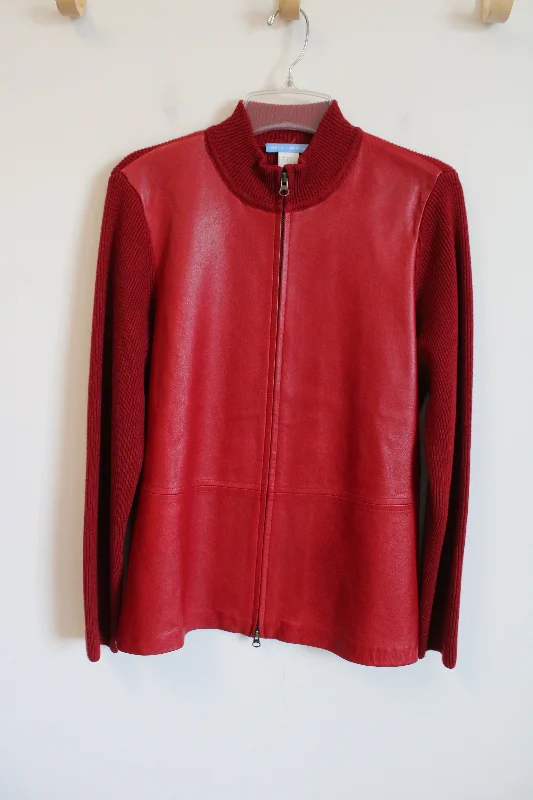 White + Warren Red Merino Wool & Leather Jacket | L Ribbed Jacket Pleated Jacket Ruffled Jacket
