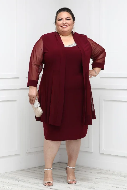 Women Plus Size Two-Piece Beaded Neckline Jacket Dress with Sheer Sleeves Boat Neck Shawl Collar Notched Collar
