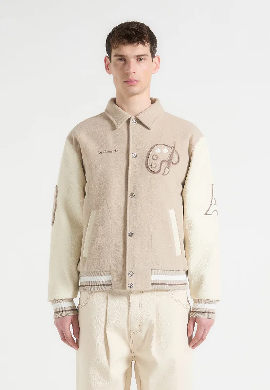 Le Galerie Wool-Blend Varsity Jacket - Beige Nylon Jacket Polyester Jacket Spandex Jacket Le Galerie Wool-Blend Varsity Jacket - Beige Nylon Jacket Polyester Jacket Spandex Jacket