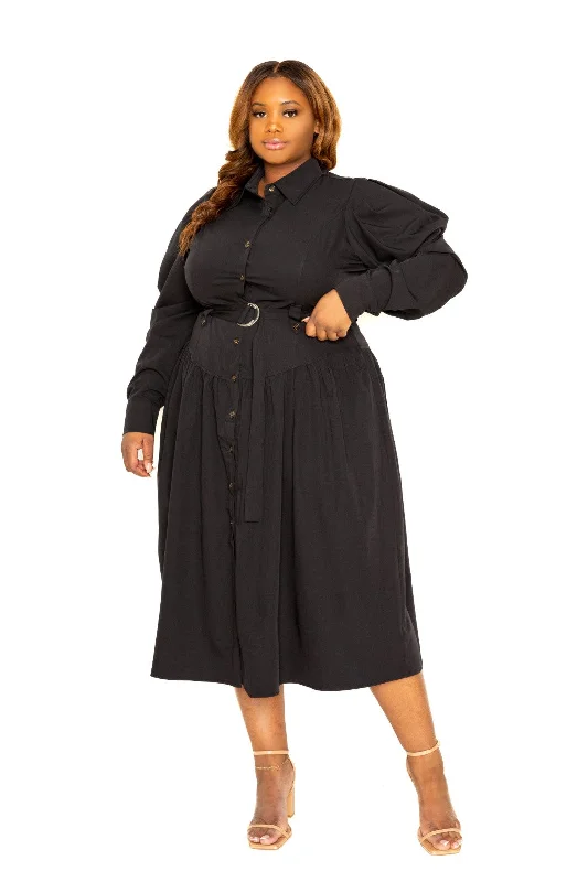 Puff Sleeve Trench Jacket Dress Front Pockets Side Pockets Patch Pockets