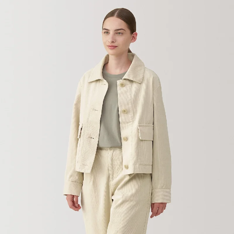 Kapok Blend Corduroy Jacket A-Line Jacket Boat Neck Shawl Collar