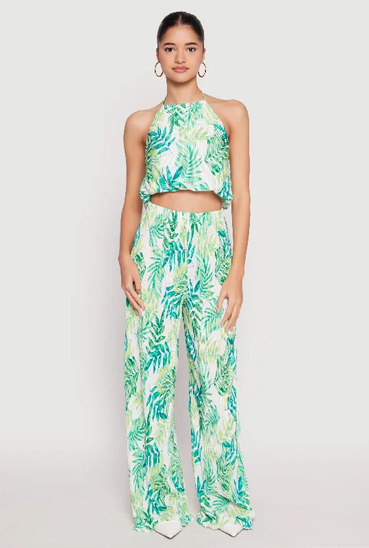 Almost Famous Plisse Tropical Print Palazzo Pants Formal Dress Pants