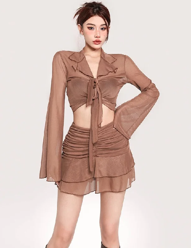 Lexi Solid Color Brown Mesh Long Sleeve Front Tie Cropped Top + High Waist Pleated Mini Skirt Matching Set leather skirt sleek