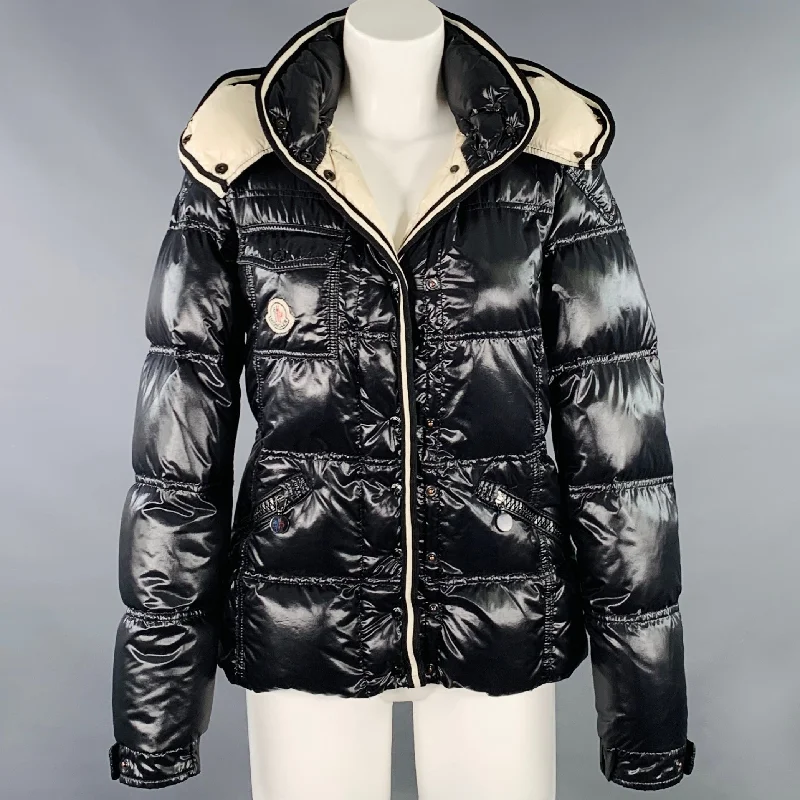 MONCLER Size M Quincy Black Quilted Snaps Jacket Notch Collar Peter Pan Collar Cowl Neck