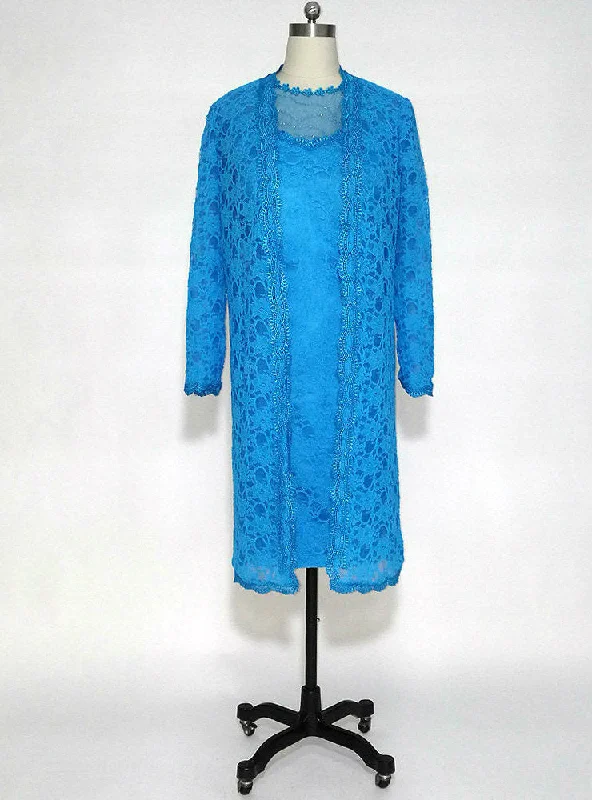 Adorable Blue Lace Knee Length Mother of the Bride Dresses Sheer with 3/4 Sleeves Long Jacket Jersey Jacket Tulle Jacket Batik Jacket Adorable Blue Lace Knee Length Mother of the Bride Dresses Sheer with 3/4 Sleeves Long Jacket Jersey Jacket Tulle Jacket Batik Jacket