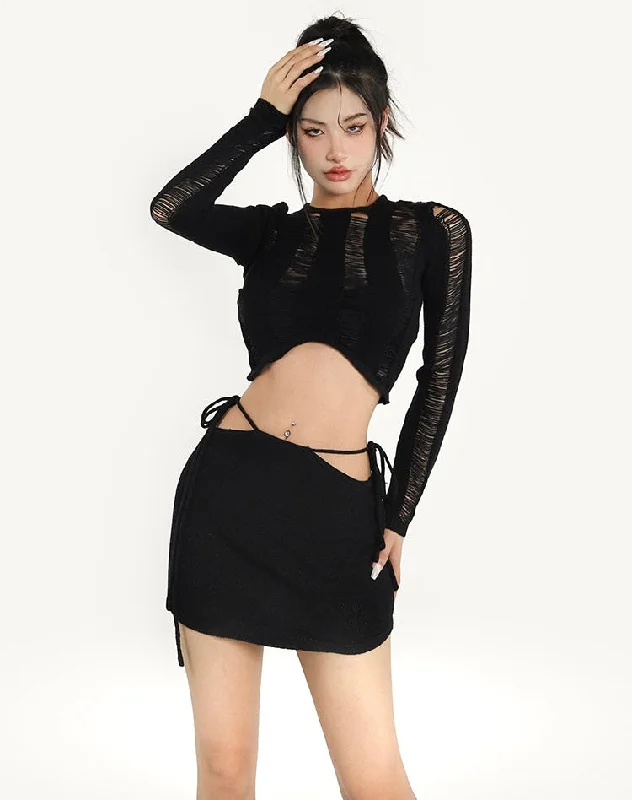 Cicilia Solid Color Knitted Long Sleeve Cropped Top Side Tie Up V Waist Mini Skirt Matching Set athletic skirt fit