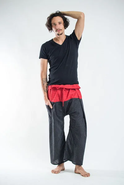 Unisex Two Tone Pinstripe Thai Fisherman Pants in Black Red Chic Wool Trousers