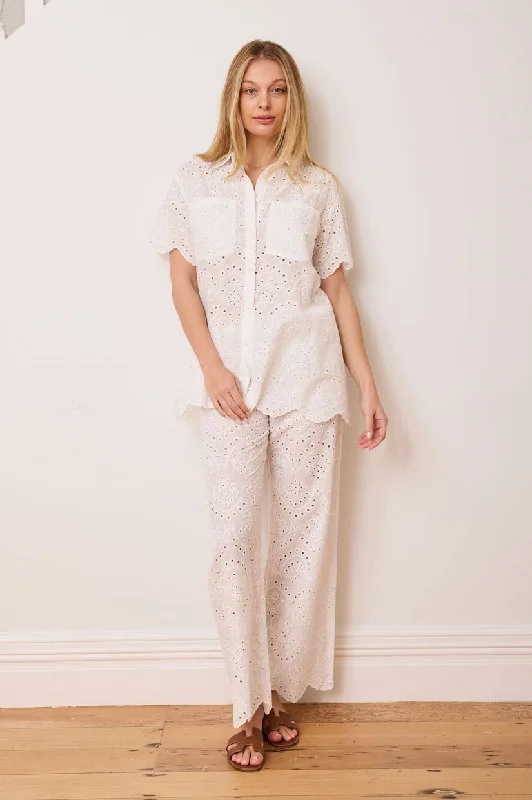 Caitlin Crisp Lounge Pant - White Broderie Stylish Casual Pants