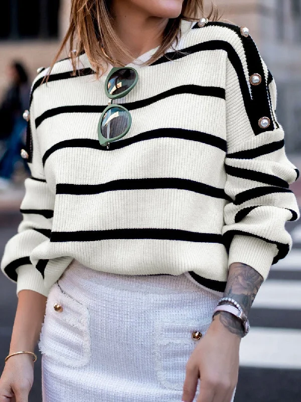Button-Up Striped Knit Sweater Striped Floral Plaid