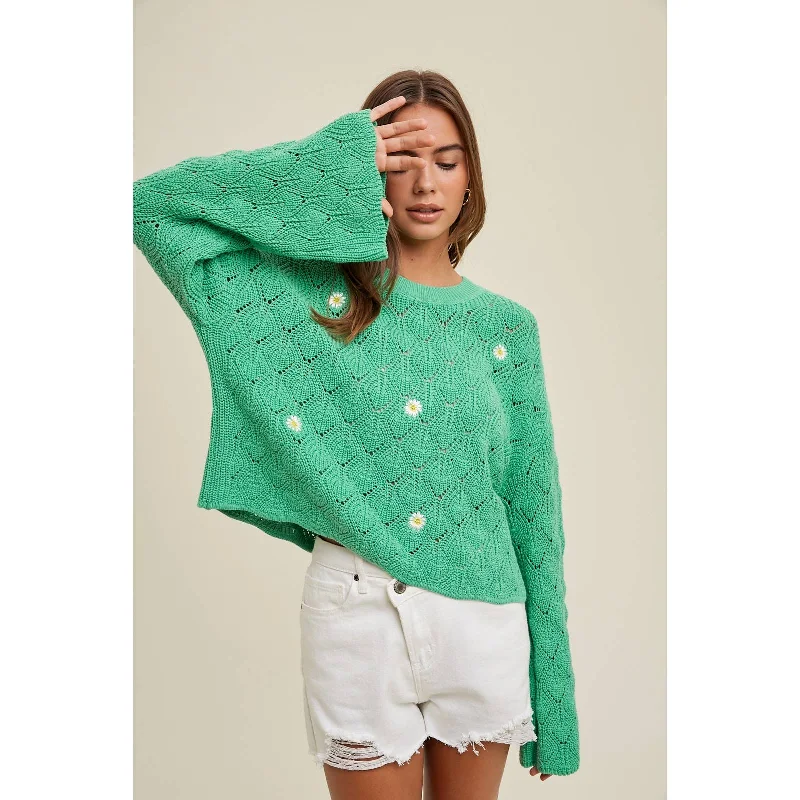 Wishlist DAISY EMBROIDERED SWEATER - GREEN Welt Pockets Slit Pockets Flap Pockets