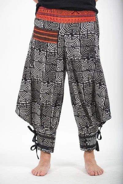 Maze Prints Thai Hill Tribe Fabric Harem Pants with Ankle Straps in Black Stylish Casual Pants