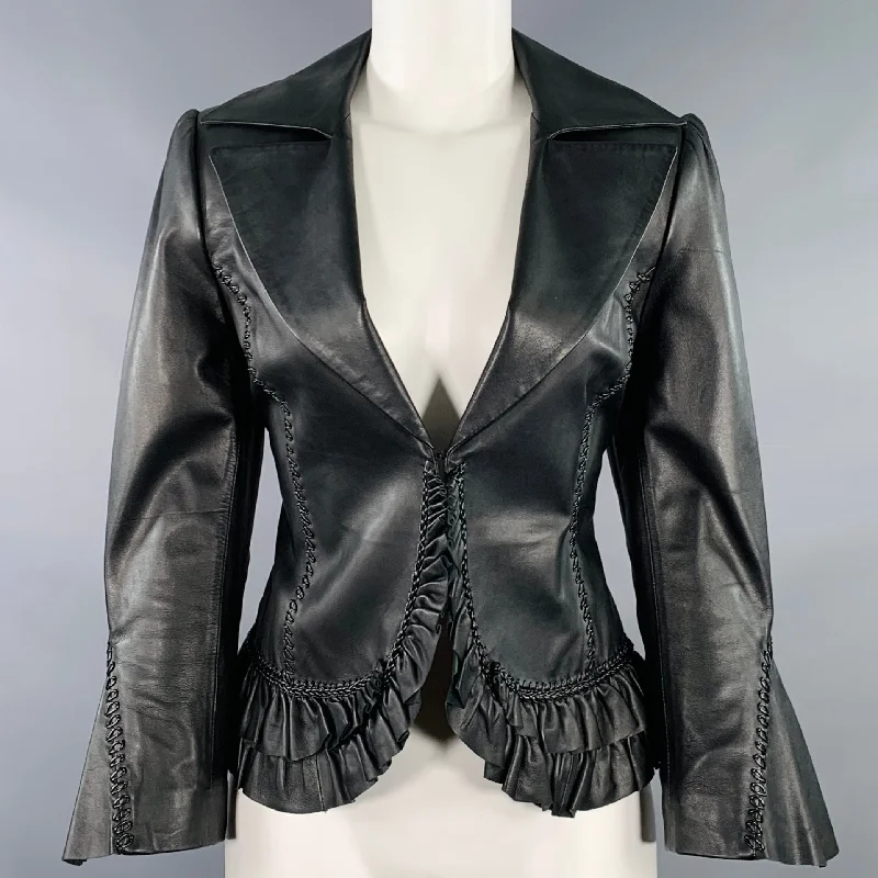 LAUNDRY Size M Black Leather Open Front Jacket Blazer Wool Jacket Cashmere Jacket Tweed Jacket