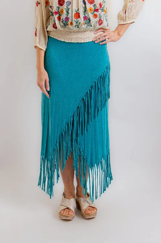 Turquoise Asymmetrical Fringe Skirt slim fit skirt