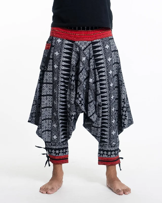 Traditional Prints Thai Hill Tribe Fabric Drop Crotch Harem Pants with Ankle Straps Trendy Palazzo Pants