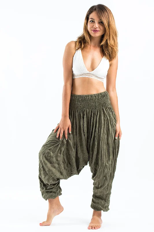 Unisex Crinkled Cotton Harem Pants in Green High-Waist Yoga Pants