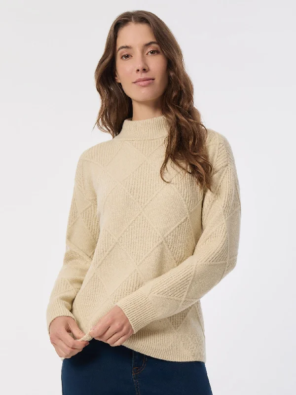 Diamond Stitch Mock Neck Sweater Embroidered Appliqued Beaded