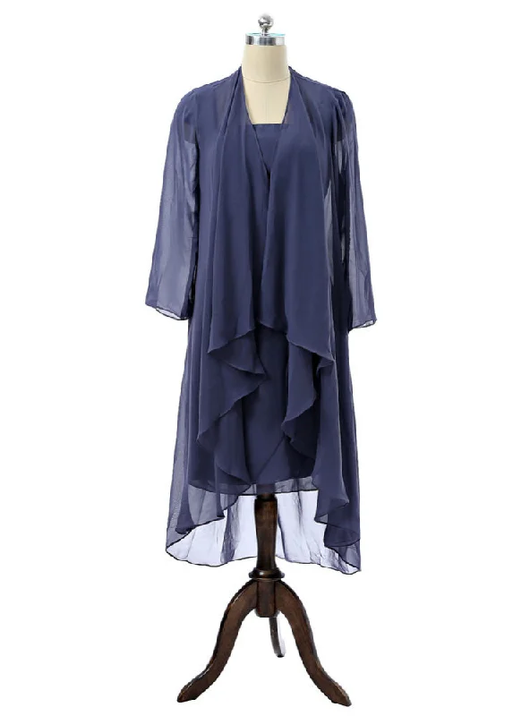 Sheath Chiffon Navy Blue Mother Of The Bride Dresses With Jacket Mesh Jacket Canvas Jacket Denim Jacket