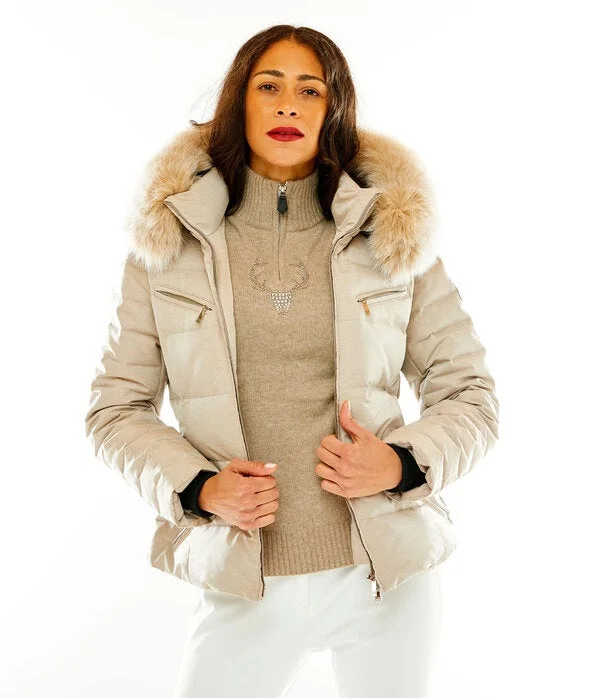M. Miller Women's Down Winter Ski Jacket with Fur Hood Edlin SK2881 in Beige Made in USA Bomber Jacket Anorak Windbreaker M. Miller Women's Down Winter Ski Jacket with Fur Hood Edlin SK2881 in Beige Made in USA Bomber Jacket Anorak Windbreaker