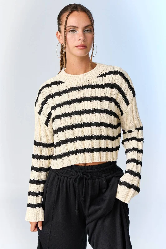 Cropped Striped Sweater: Cream/Black Hooded Caped Shawl Collar