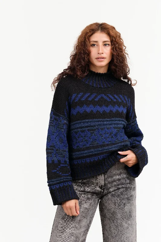 Nadia Jacquard Sweater in Black/Blue Turtle Neck Boat Neck Asymmetrical Neck