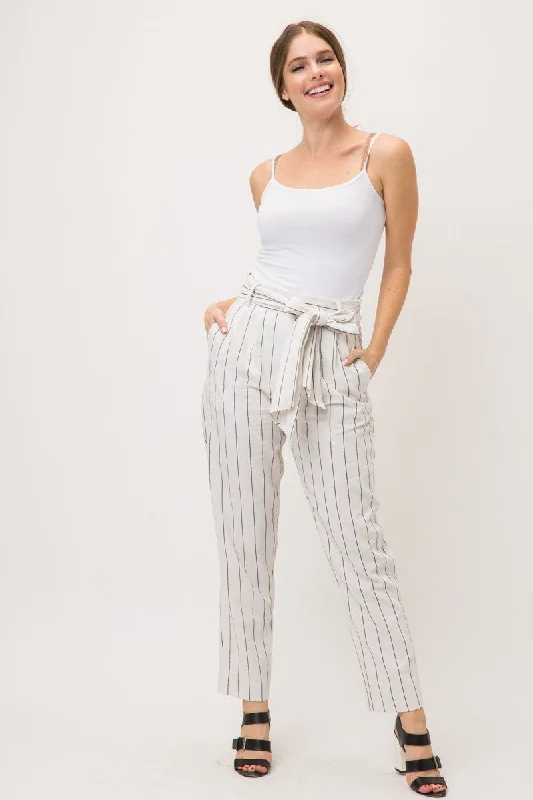 WHITE COCOA STRIPE SELF-TIE BELT FULL-LENGTH PANTS MPT7553 Cozy Lounge Pants
