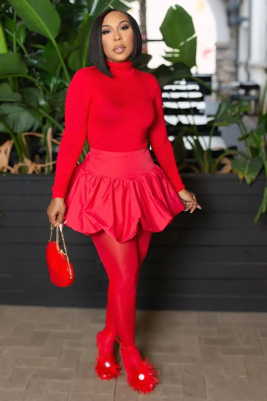 Hilary Bubble Hem Mini Skirt- Red velvet skirt luxurious