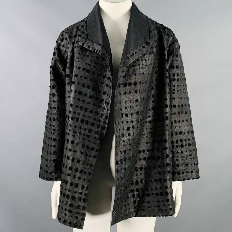 NUNO Size L Black Rayon Polyester Distressed Dots Open Front Jacket Cotton Fabric Linen Fabric Terry Fabric