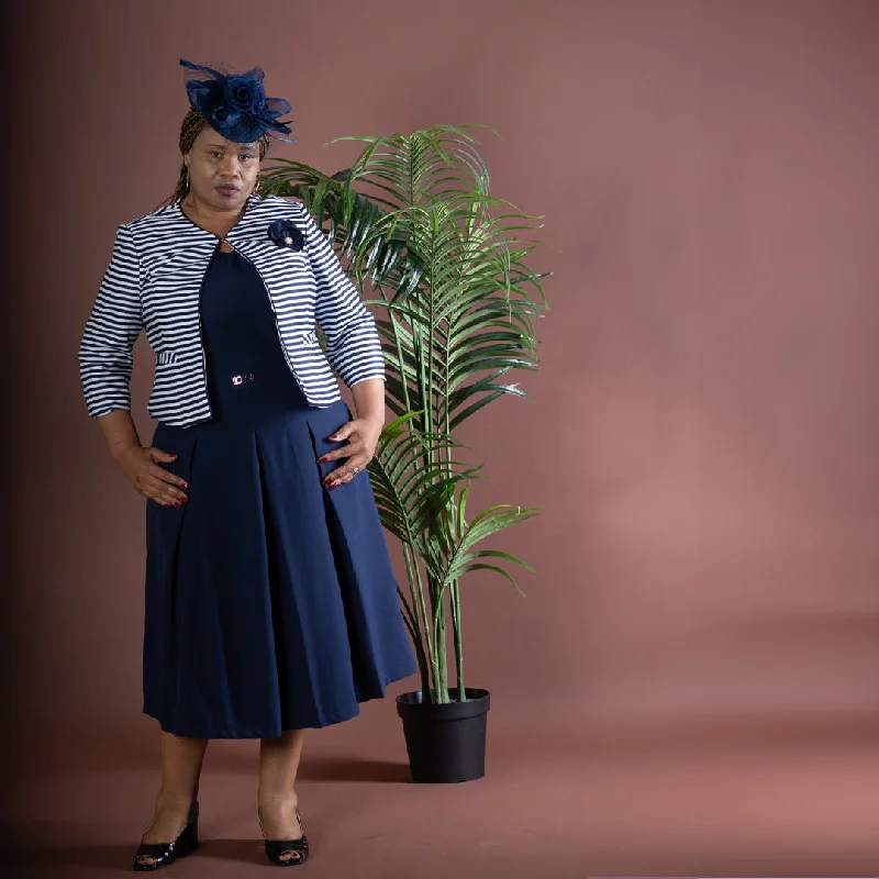 Striped Navy Dress and Jacket Set with Box Pleats Satin Fabric Silk Fabric Chiffon Fabric
