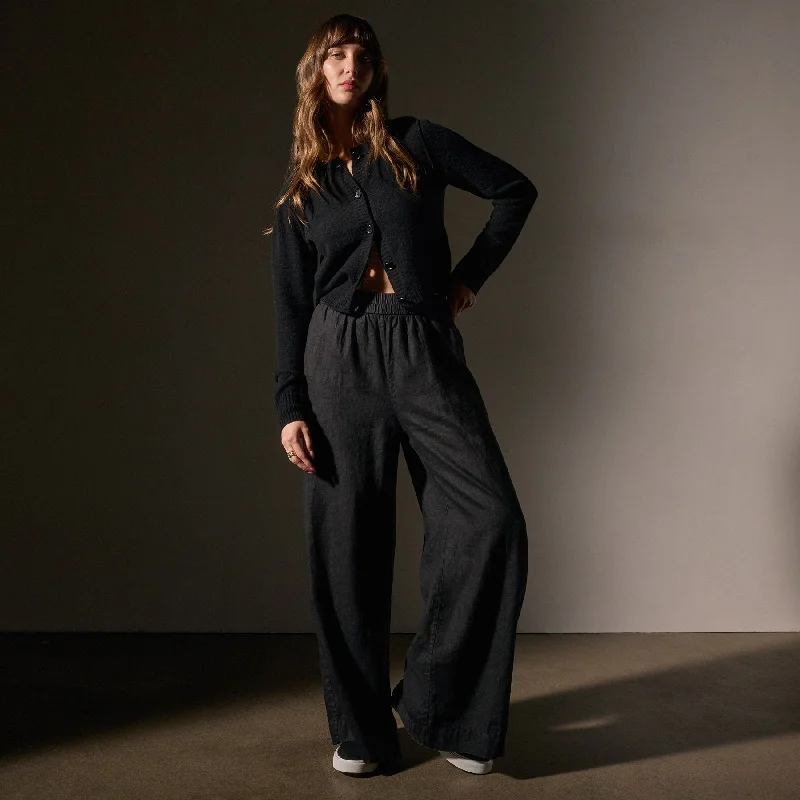 Lightweight Linen Wide Leg Pant - Black Cozy Knit Pants