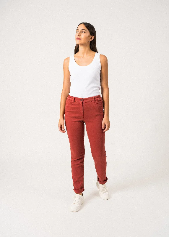 Patricia straight pants - elastic waist, in cotton stretch (TERRACOTTA) Trendy Tapered Pants