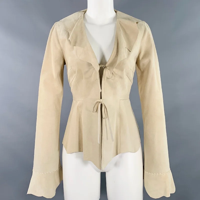 GAI MATTIOLO Size 8 Beige Suede Contrast Stitch Tied Front Jacket Blazer Bomber Jacket Anorak Windbreaker
