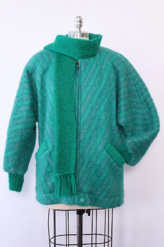 Donegal Fern Green Mohair Jacket S/M Boat Neck Shawl Collar Notched Collar