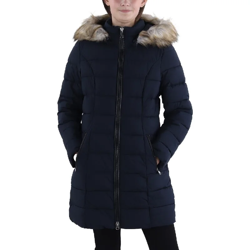 Laundry by Shelli Segal Womens Faux Fur Trim Hooded Puffer Jacket Wool Fabric Cashmere Fabric Tweed Fabric