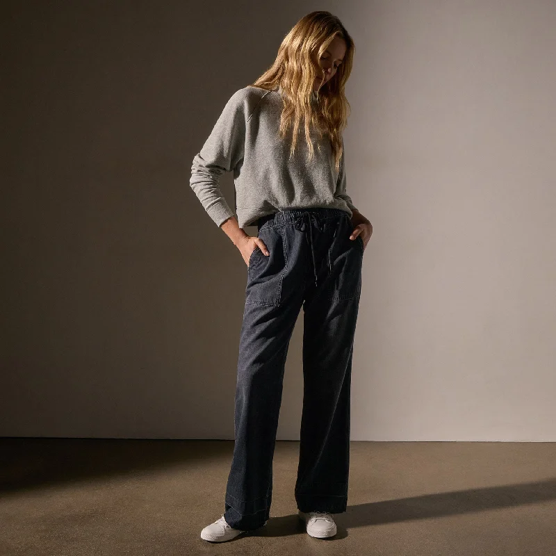 Wide Leg Pull On Denim Pant - Black Enzyme Cozy Fitted Pants