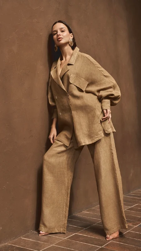 Fia Pure Linen Elasticated Waist Wide-leg Pants Trendy Work Pants