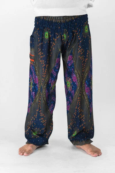 Unisex Peacock Eye Harem Pants in Navy Modern Bootcut Pants