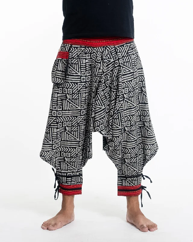 Woven Prints Thai Hill Tribe Fabric Drop Crotch Harem Pants with Ankle Straps in Black Elegant Dress Pants