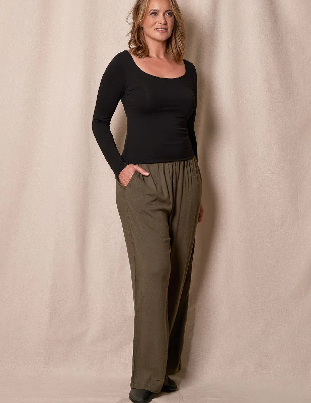 Linen / Bamboo Soft Waist Pants -  Olive High-Waist Yoga Pants