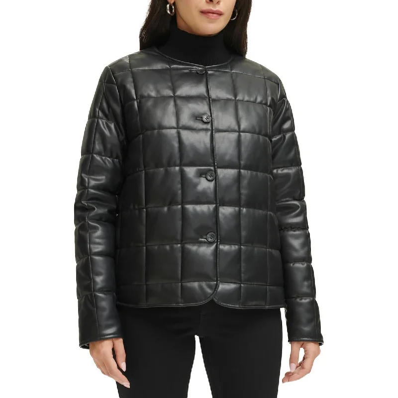 Calvin Klein Womens Quiled Faux Leather Puffer Jacket Trench Coat Raincoat Waterproof Jacket